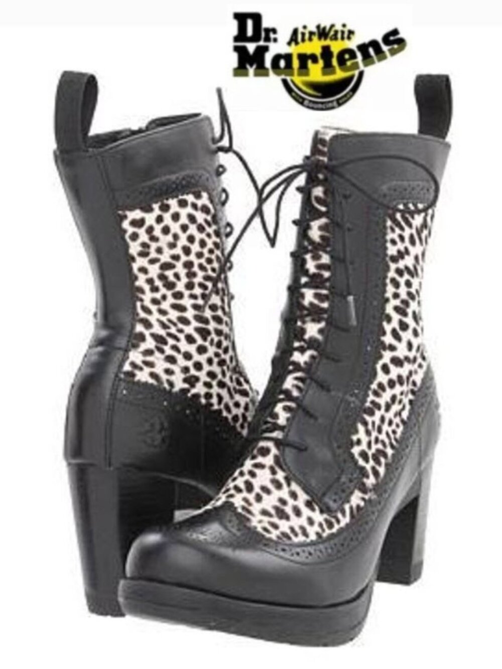 Dr. Martens Regina Leopard Brogue Combat Boots Heels Black US 7 38